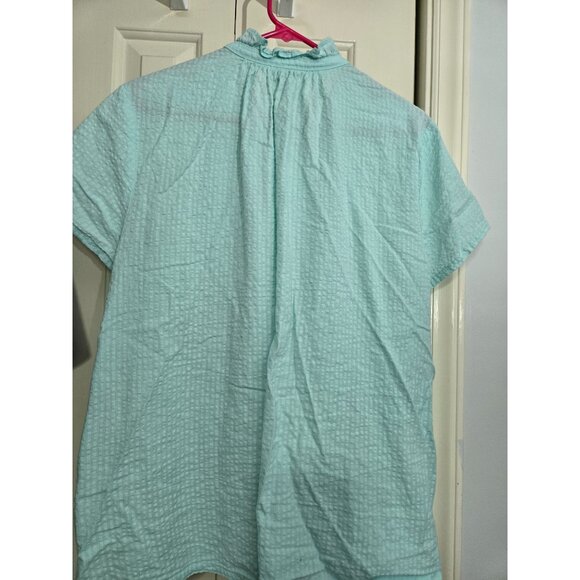 Crown & Ivy 1X Womens Aqua Short Sleeve Button Front Textured Cotton Blouse - Picture 3 of 4